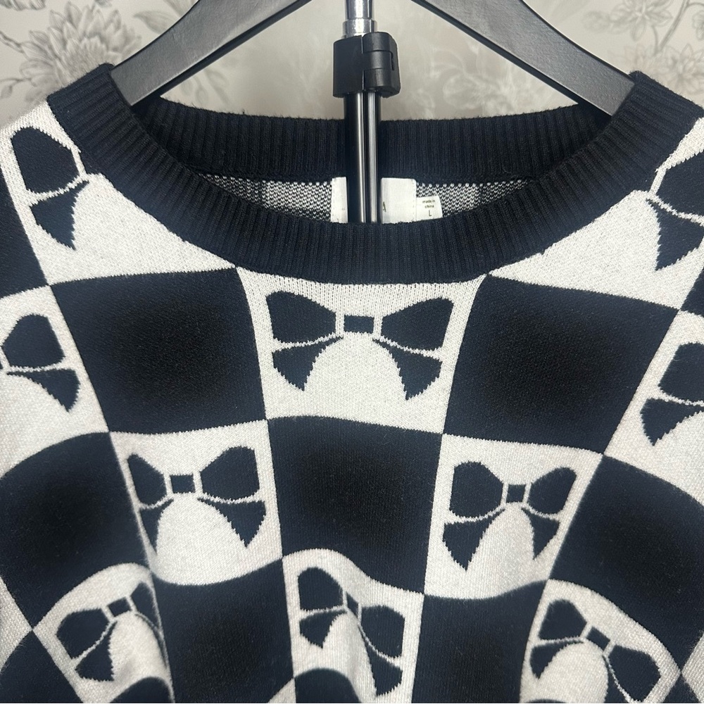 Luna Ivy Black & White Checkered Bow Knit Pullover Sweater Size Large T8722 - Picture 7 of 7